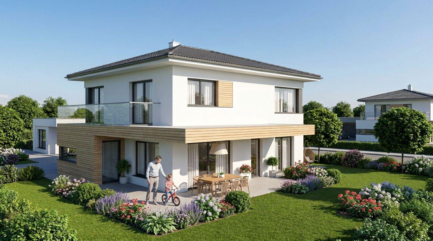 Zweigeschoßiges weißes Einfamilienhaus mit Walmdach, Holzverkleidung im Erdgeschoß, Glasbalkon und Terrasse, Visualisierung