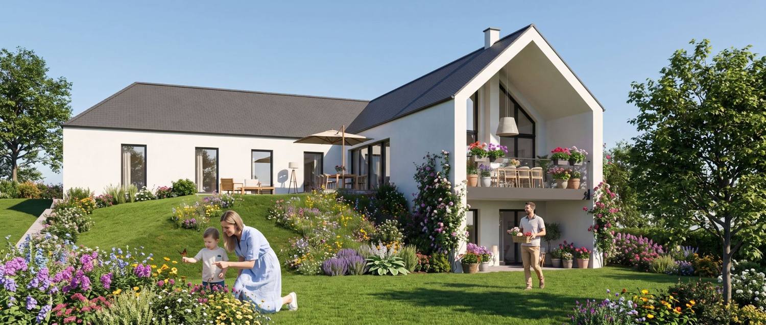 Einfamilienhaus am Hang mit Satteldach, offenem Giebel mit Loggia und blühendem Hanggarten, Visualisierung