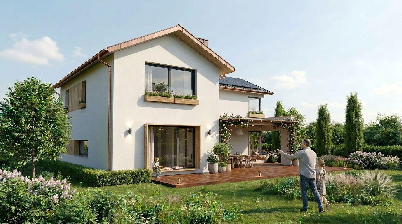 Einfamilienhaus mit Satteldach, weißer Putzfassade, Holzterrasse und begrünter Pergola, Visualisierung