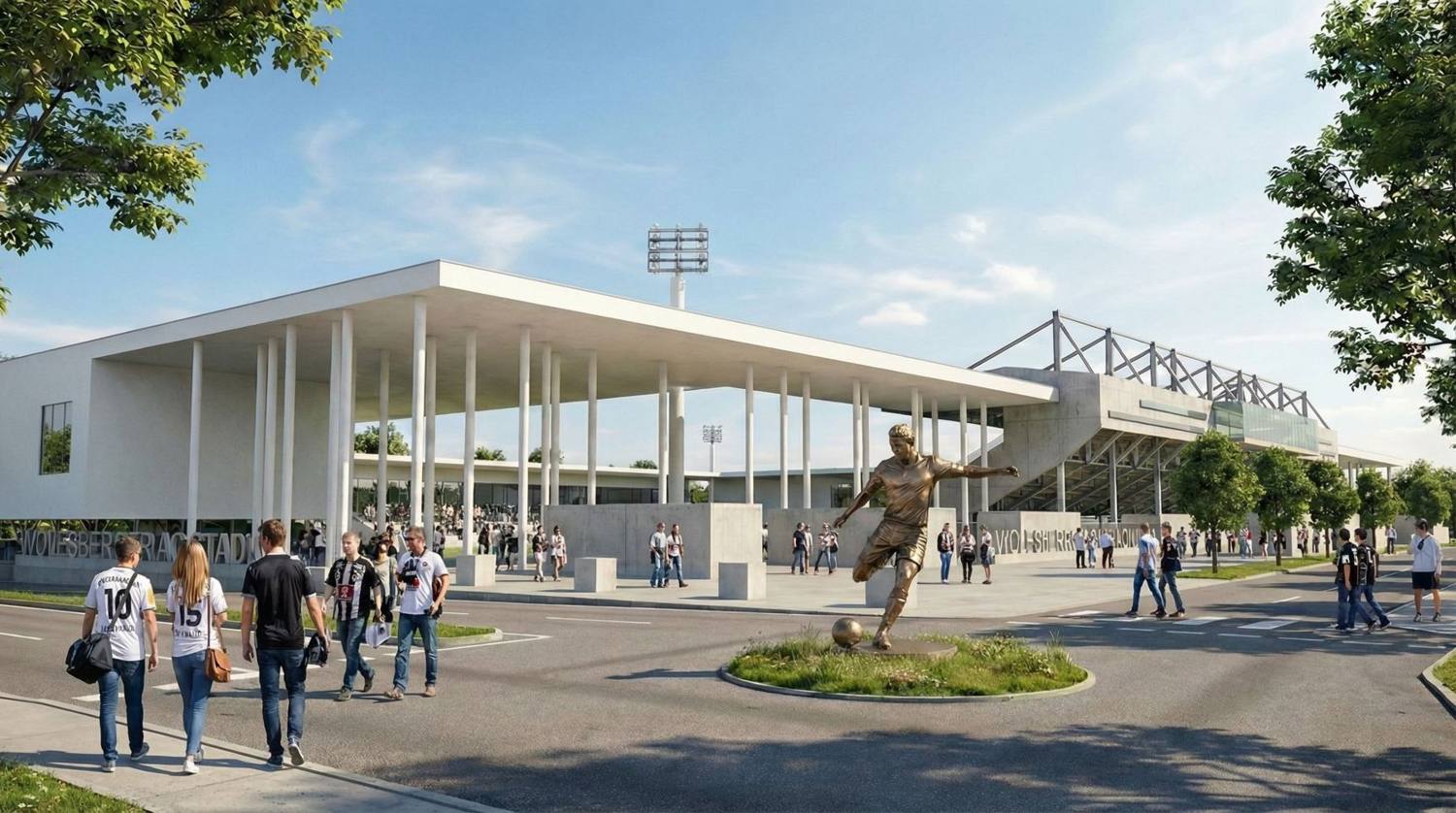 Stadion mit weißem Vordach auf schlanken Stützen, Vorplatz mit Besuchern und Bronzestatue eines Fußballers, Visualisierung