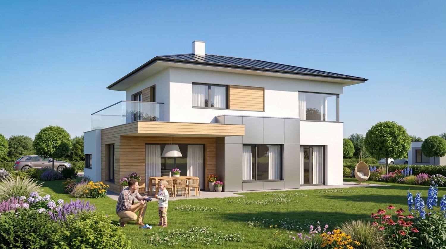 Zweigeschoßiges Einfamilienhaus mit Walmdach, Holz- und Plattenfassade, Balkon und Terrasse im Garten, Visualisierung