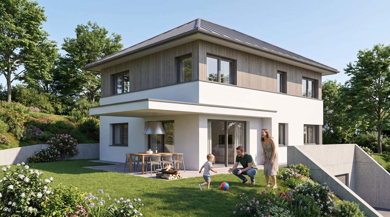 Einfamilienhaus am Hang mit Walmdach, holzverschaltem Obergeschoß, weißem Sockelgeschoß, Terrasse und Garagenzufahrt, Visualisierung