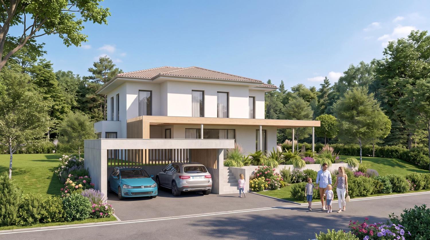 Zweigeschoßiges Wohnhaus mit Walmdach, Holzpergola und überdachter Doppelgarage am Hang, Visualisierung