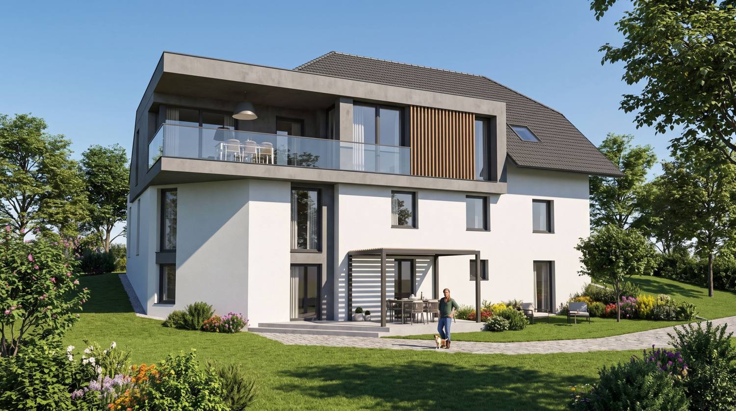 Bestandshaus mit Walmdach und moderner Aufstockung mit grauem Rahmen, Glasbalkon und Holzlamellen, Visualisierung