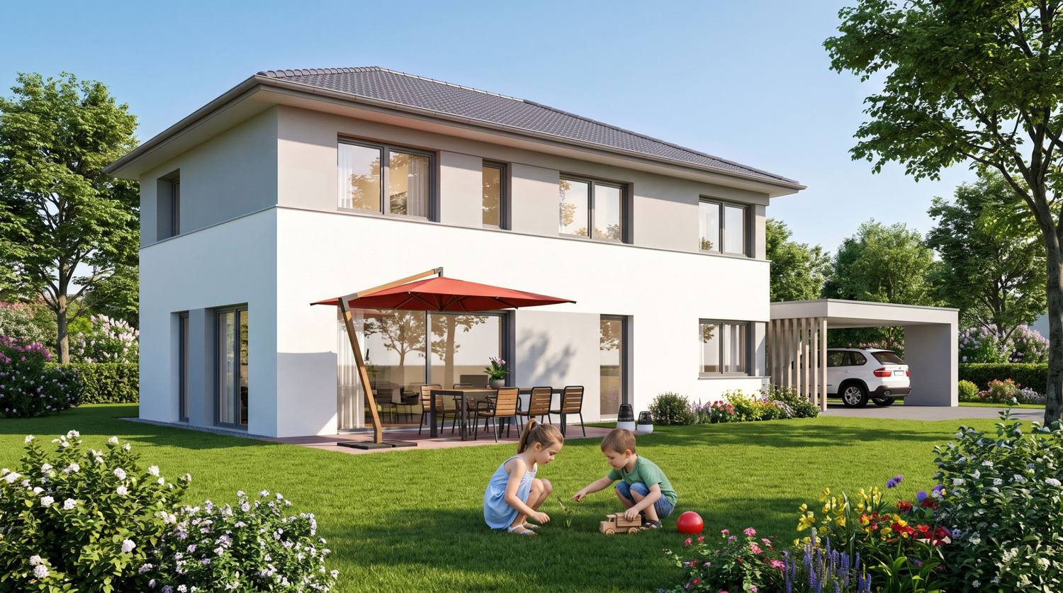 Zweigeschoßiges weißes Einfamilienhaus mit flachem Walmdach, Terrasse mit Sonnenschirm und Carport, Visualisierung