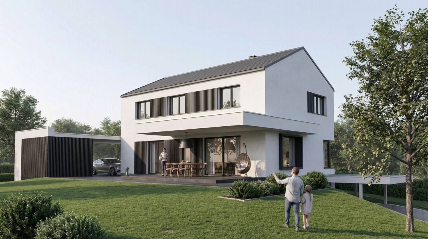 Weißes Einfamilienhaus mit Satteldach, auskragendem Obergeschoß, dunklen Lamellen und Carport am Hang, Visualisierung