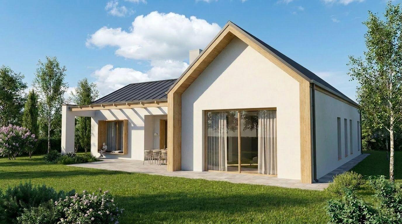 Eingeschoßiges Wohnhaus mit Satteldach, Holzrahmen am Giebel, großer Verglasung und überdachter Terrasse, Visualisierung