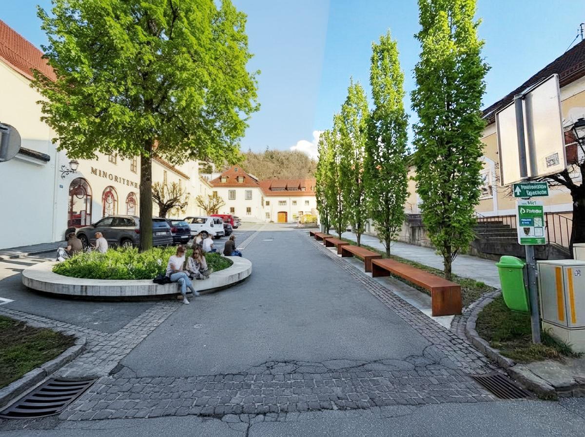 Platz vor dem Minoritenkloster mit Baumreihe, Holzbänken und runder Grüninsel, Visualisierung