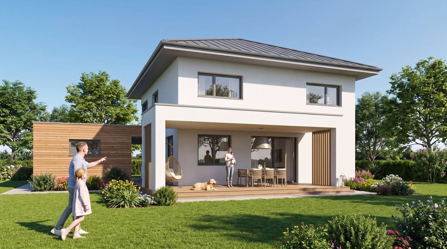 Zweigeschoßiges weißes Einfamilienhaus mit flachem Walmdach, überdachter Holzterrasse, Holzlamellen und Nebengebäude mit Holzfassade, Visualisierung