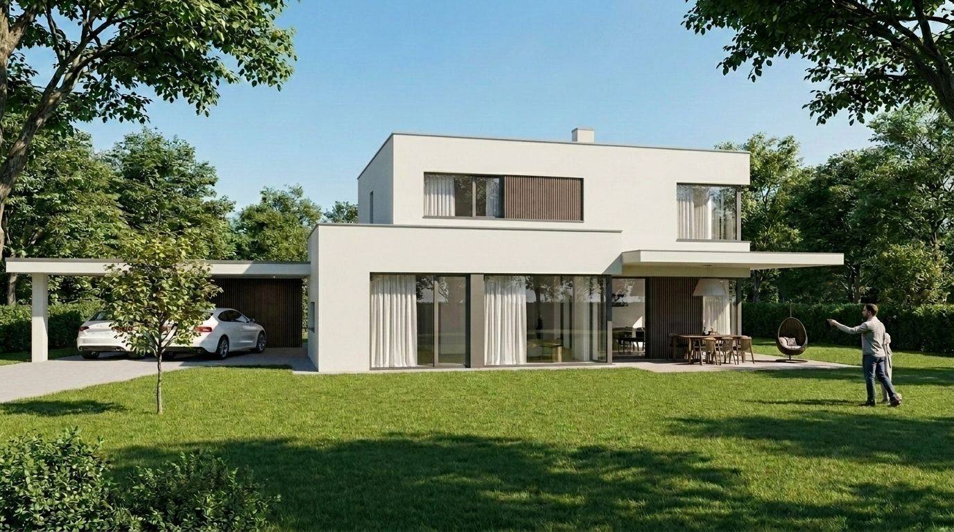 Zweigeschoßiges weißes Haus mit Flachdach und Carport, Visualisierung