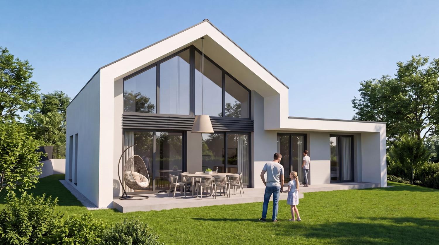 Wohnen am Hügel Griffen, Gartenansicht mit großer Giebelverglasung, Lamellenband und Terrasse, Visualisierung