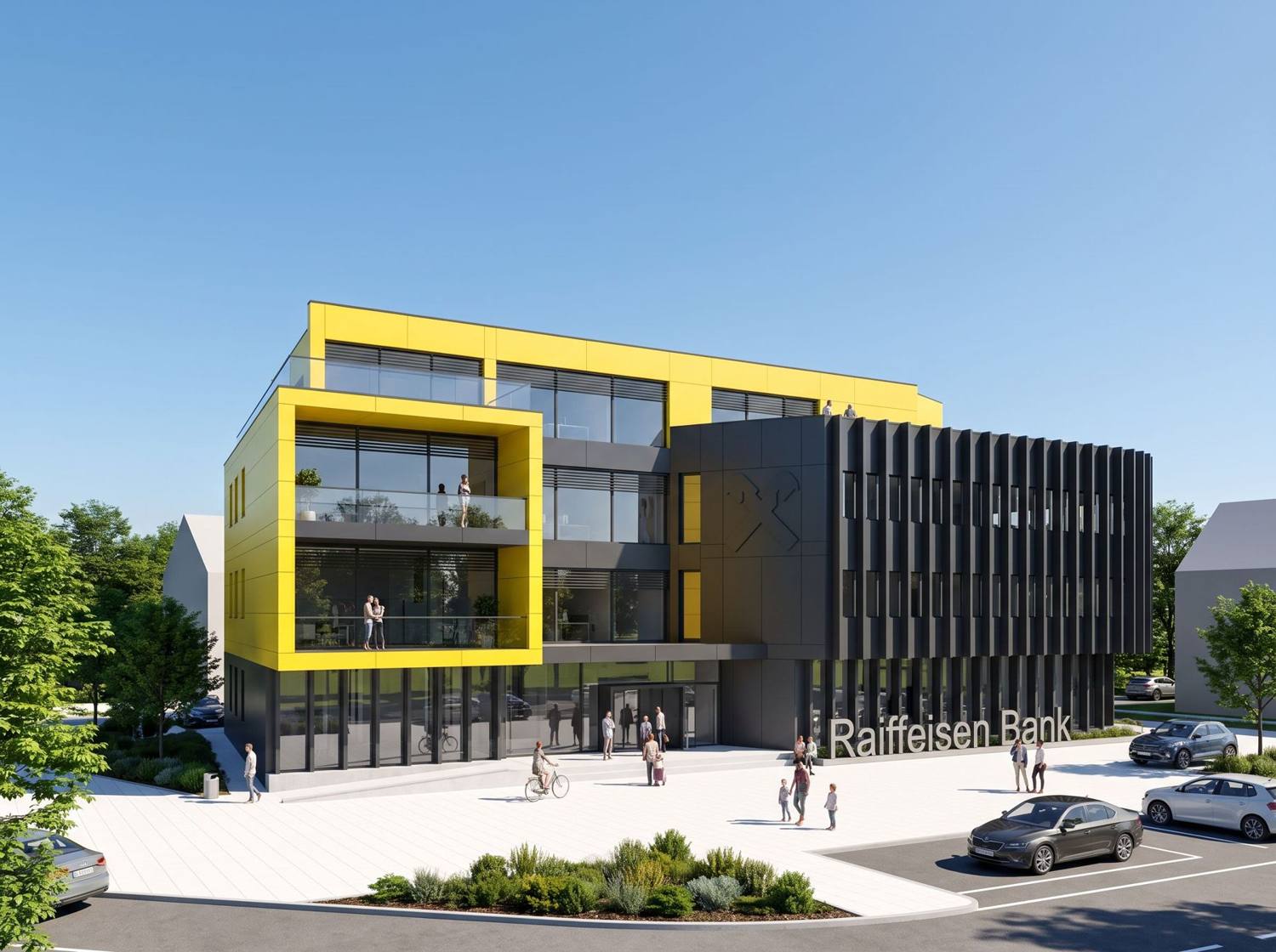 Viergeschoßiges Bank- und Bürogebäude mit gelber und schwarzer Fassade, Vorplatz mit Parkplätzen, Visualisierung