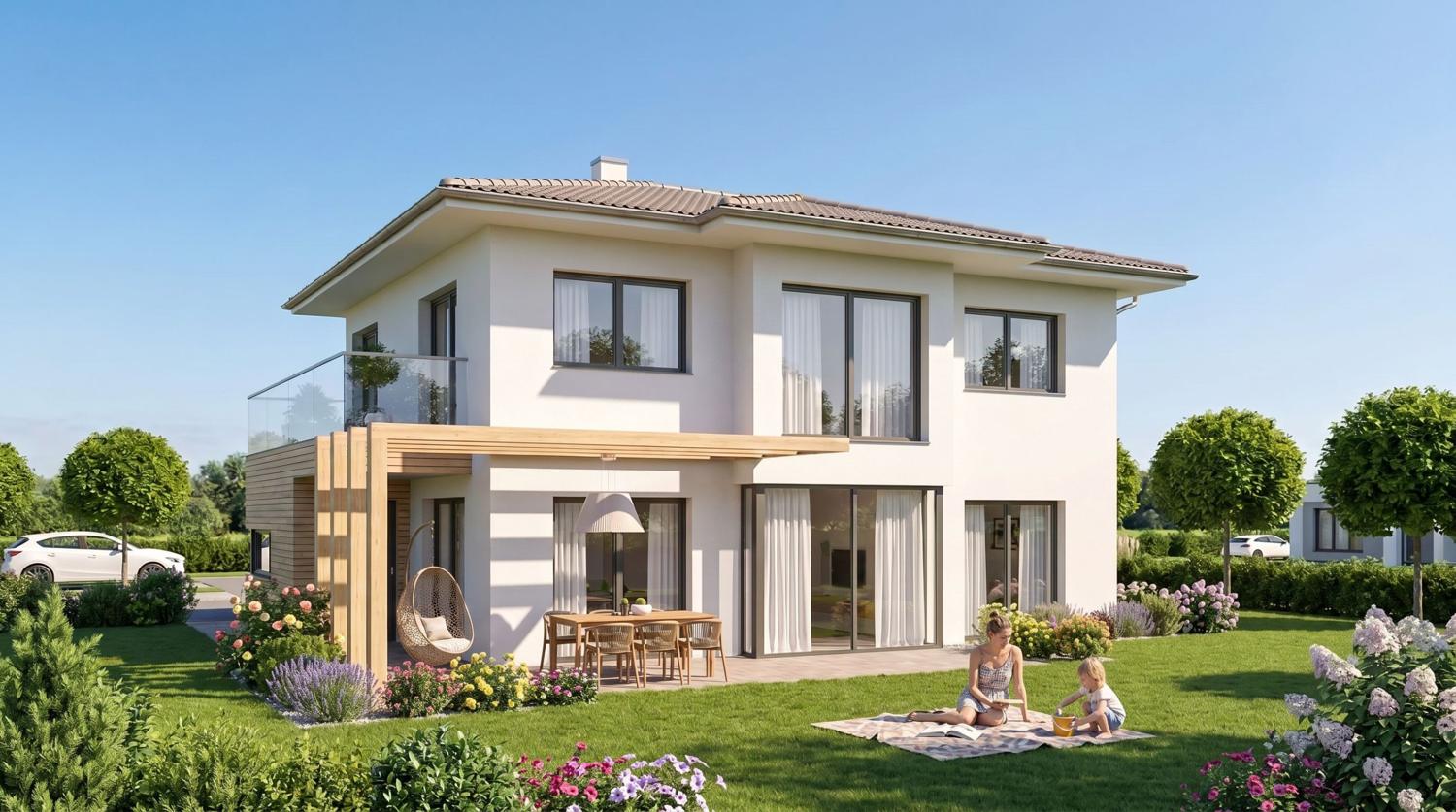 Zweigeschoßiges weißes Einfamilienhaus mit Walmdach, Glasbalkon, Holzpergola über der Terrasse und Garten, Visualisierung