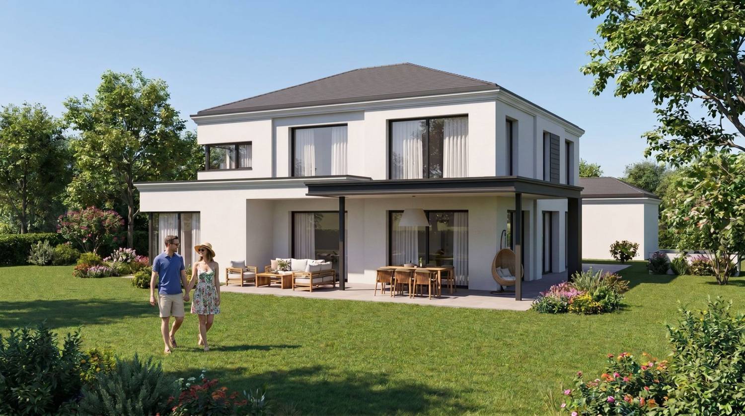 Zweigeschoßiges weißes Wohnhaus mit Walmdach, überdachter Terrasse und Garten, Visualisierung