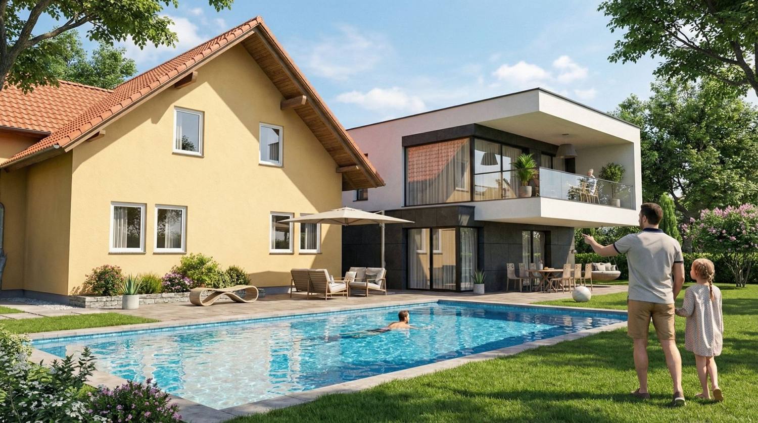 Bestandshaus mit Satteldach und moderner Zubau mit Flachdach und Glasbalkon, Pool im Garten, Visualisierung