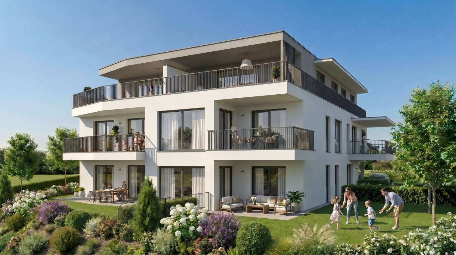 Wohnanlage Priel, Eckansicht mit Balkonen, Dachterrasse und Garten, Visualisierung