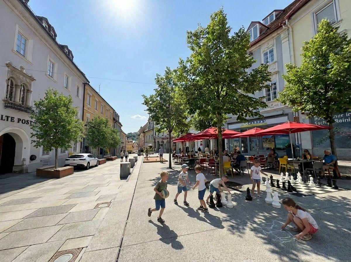 Fußgängerzone mit Bäumen, Gastgärten und Bodenschach, Visualisierung