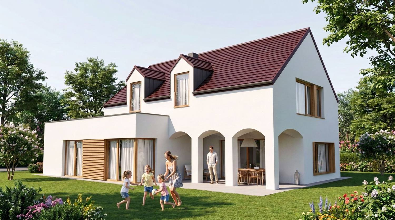 Weißes Einfamilienhaus mit rotem Satteldach, Gauben und Arkaden-Terrasse, Visualisierung
