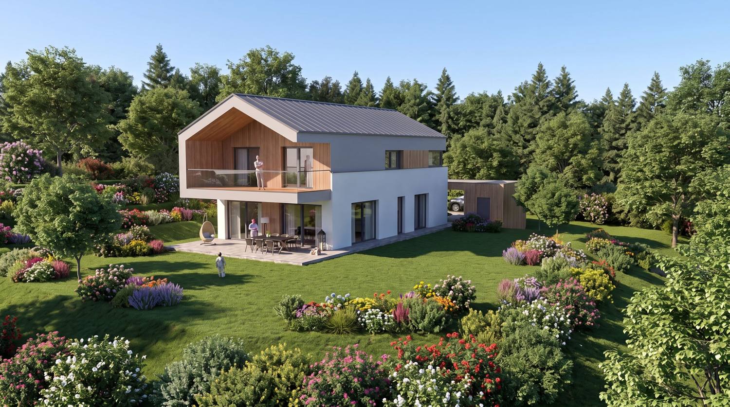 Einfamilienhaus mit Satteldach, holzverkleideter Giebelloggia, Terrasse und blühendem Garten am Waldrand, Visualisierung