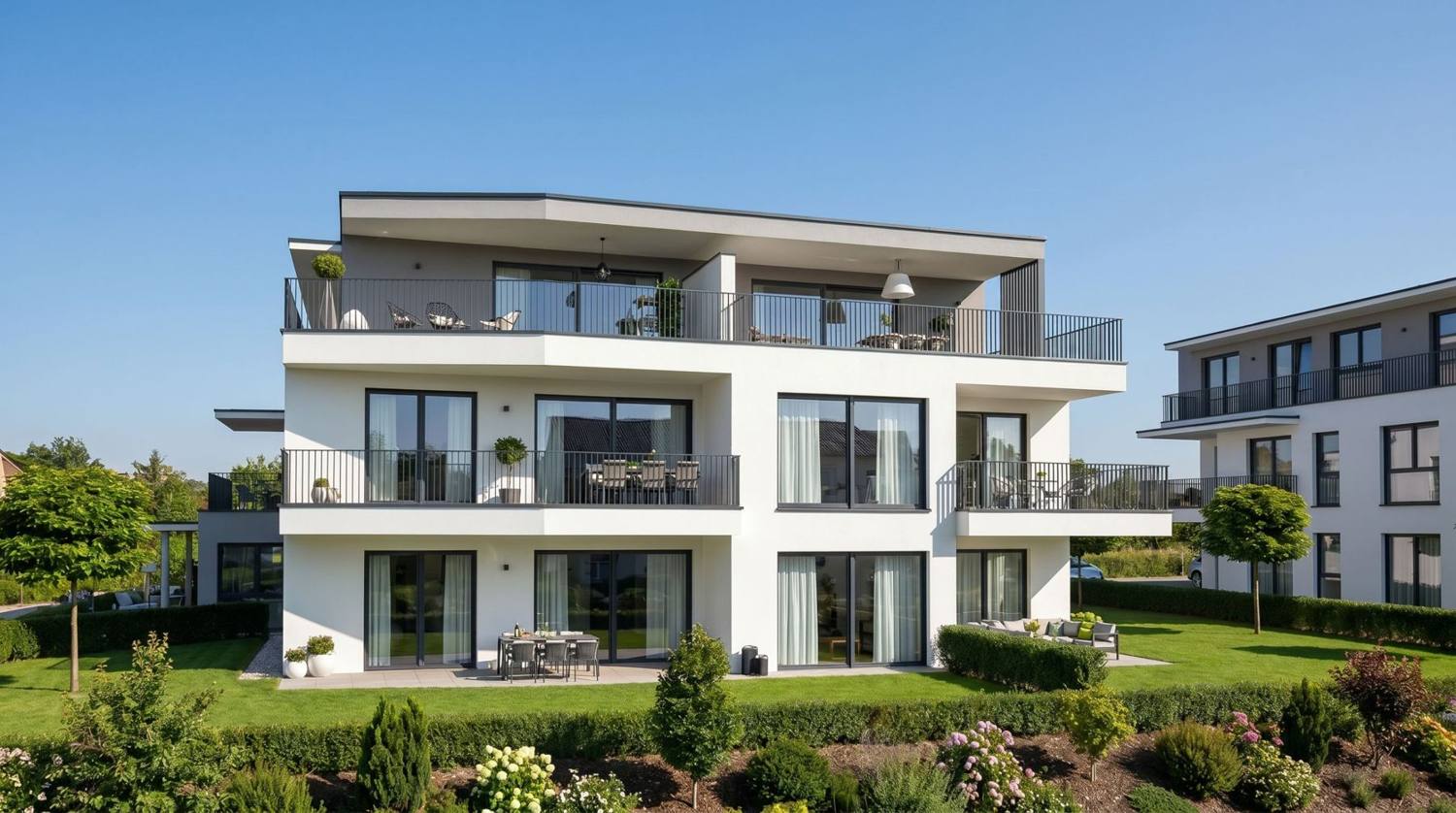 Dreigeschoßige weiße Wohnanlage mit Flachdach, Balkonen und Dachterrasse, Garten im Vordergrund, Visualisierung