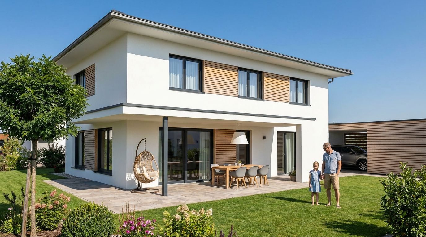 Zweigeschoßiges weißes Einfamilienhaus mit flachem Walmdach, Holzpaneelen, überdachter Terrasse und Carport, Visualisierung