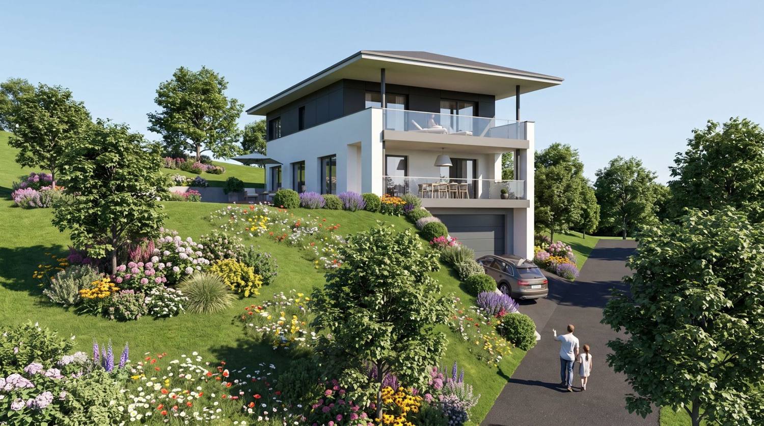 Dreigeschoßiges Einfamilienhaus am Hang mit weit auskragendem Dach, Glasbalkonen, Garage und blühendem Garten, Visualisierung