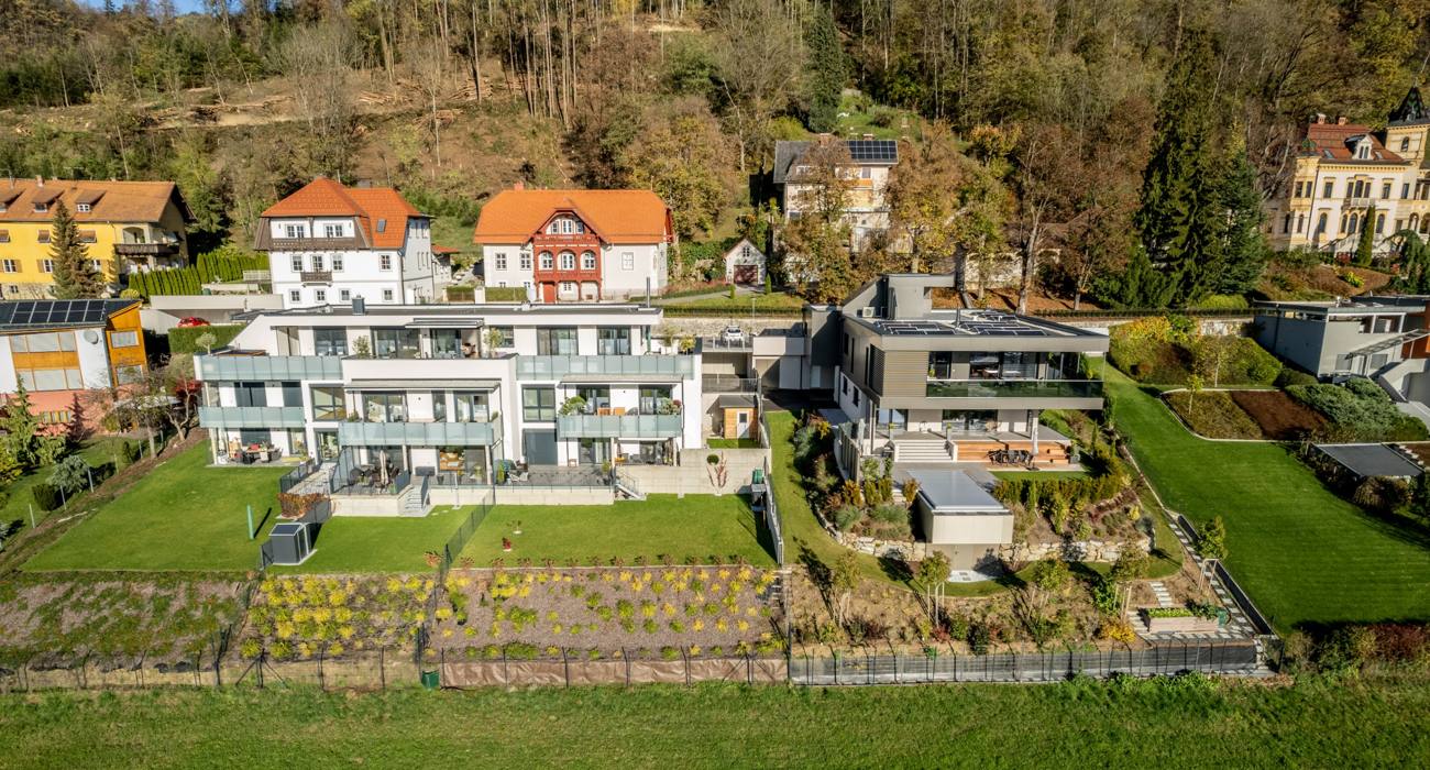Wohnanlage und Nachbarhaus am Hang, Luftansicht über die Gärten