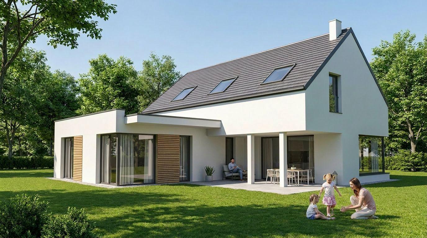 Einfamilienhaus mit Satteldach und Dachflächenfenstern, eingeschoßigem Flachdachteil, Holzpaneelen und überdachter Terrasse, Visualisierung